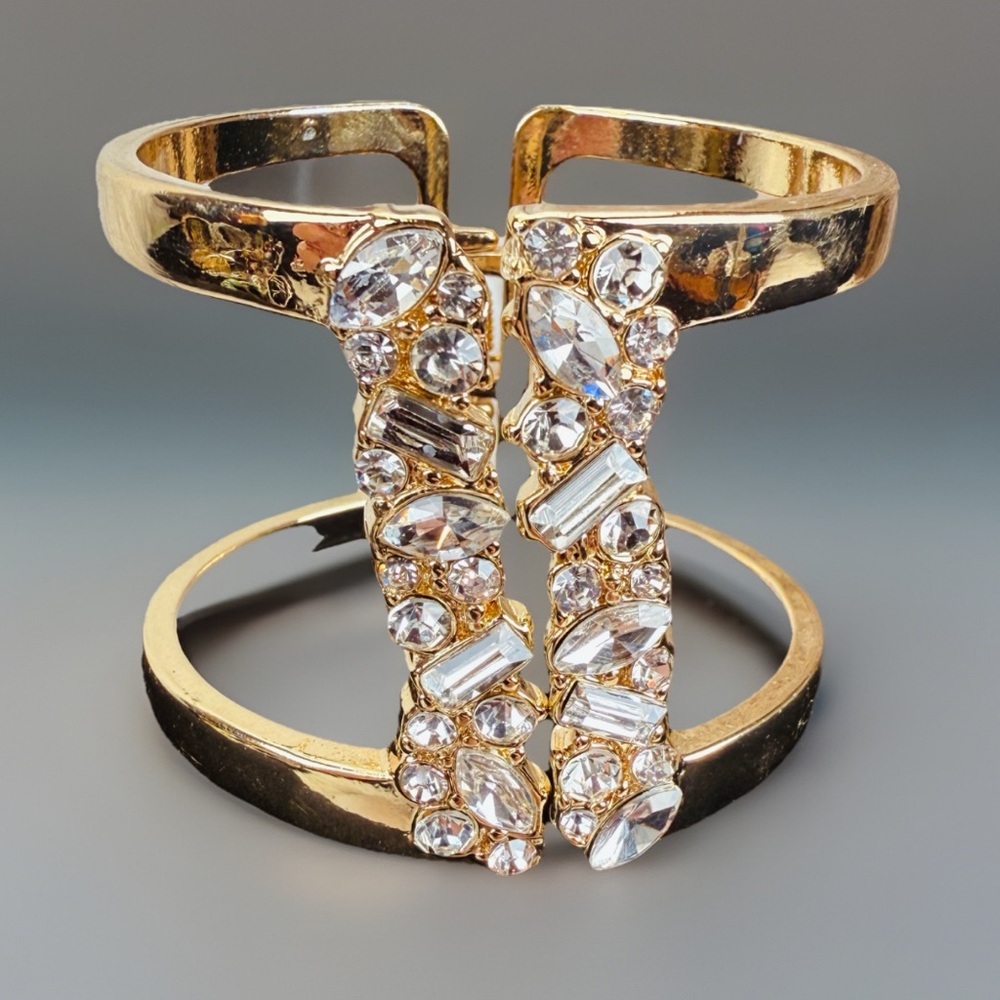 Elegant Goldtone Crystal Bling Wide Band Hinged Bracelet
